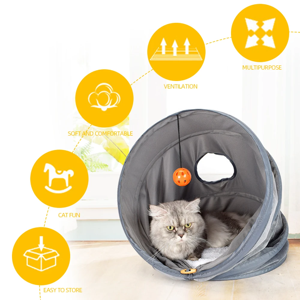 Hot 3 in 1 Pet Cave Bed Collapsible Cat Tunnel Toy Sturdy Cat Pet Play Tunnel with Removable Cushion and Ball