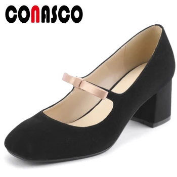 

CONASCO 2020 New Arrival Women Kid Suede Mary Janes Pumps Concise Casual Shoes Butterfly Knot Round Toe Thick Heels Shoes Woman