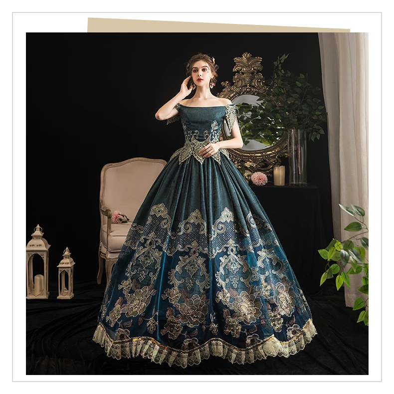 

real vintage blue embroidery princess rococo medieval ball gown fairy dress European court Gown queen Victorian Belle /ball gown