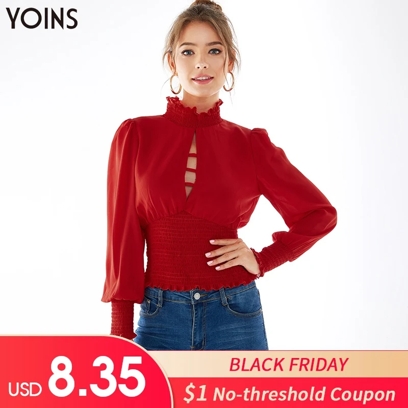

YOINS 2019 Autumn Winter Women Blouses&Shirts Elegant Red Blouse Frill Neck Smocked Lantern Sleeves Female Sexy Shirts Blusas