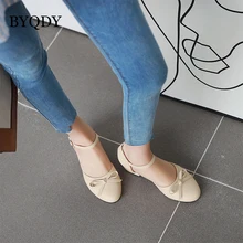 BYQDY wiosna kobiety pompy lato Bow-knot blok obcasy buty okrągłe Toe różowy biały morela klamra damskie buty Plus rozmiar 43(China)