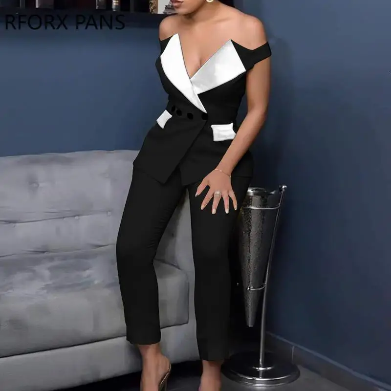 Colorblock Off Shoulder Blazer Set Sexy Notched Collar Straight Pants Work Sets Two Piece Women Suit
Colorblock Off Shoulder Blazer Set Sexy Notched Collar Straight Pants Work Sets Two Piece Women Suit