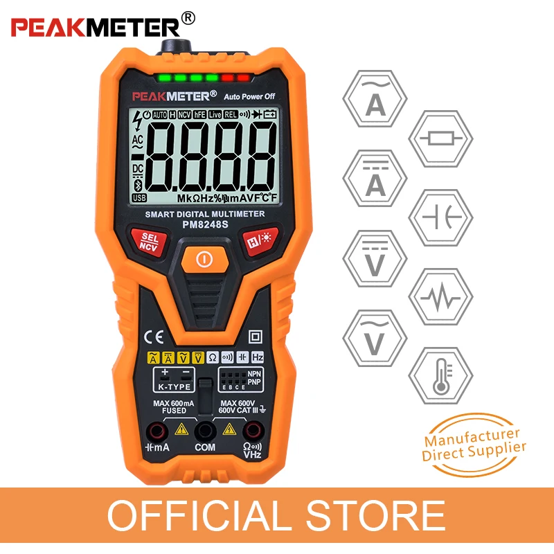 Peakmeter PM8248S Smart AutoRange Professional Digital Multimeter Voltmeter NCV Frequency Backlight Temperature Transistor test
Peakmeter PM8248S Smart AutoRange Professional Digital Multimeter Voltmeter NCV Frequency Backlight Temperature Transistor test