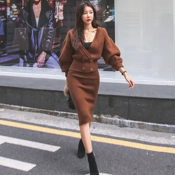 Women 2 Piece Set Retro Lantern Long Sleeve Knit Cardigan Sweater Tops + Woolen Sheath High Waist Skirt Two Piece Set TA991
Women 2 Piece Set Retro Lantern Long Sleeve Knit Cardigan Sweater Tops + Woolen Sheath High Waist Skirt Two Piece Set TA991