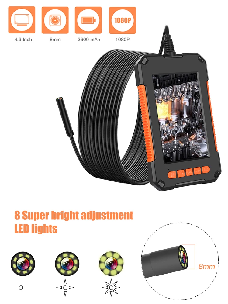 8mm Lens IP67 endoscope 10m Snake Tube Camera 4.3 " LCD borescope 1080p inspection camera with 2600 mAh 18650 battery 8 LEDs
8mm Lens IP67 endoscope 10m Snake Tube Camera 4.3 " LCD borescope 1080p inspection camera with 2600 mAh 18650 battery 8 LEDs