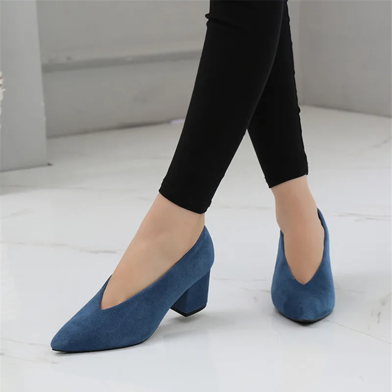 Korean High Thick Heel Single Shoes Female 2020 New High-heeled V-port Lady Shoes Comfortable Cashmere Women's Work Pumps Shoes  (20)