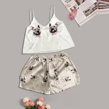 Sexy Pijamas Women Pajama Set Silk Home Suit Fox Print V Neck Pyjama Woman Femme Sleepwear Satin 2020 Summer 
Sexy Pijamas Women Pajama Set Silk Home Suit Fox Print V Neck Pyjama Woman Femme Sleepwear Satin 2020 Summer