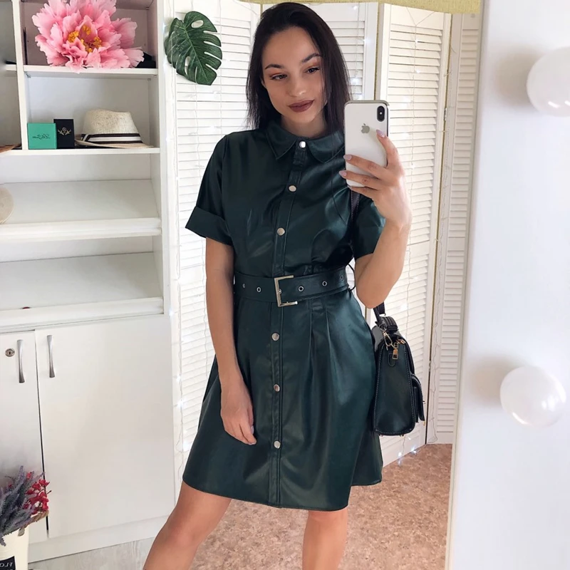 Women New Spring Pu Leather Sashes a Line Mini Dress Ladies Short Sleeve Turn Down Collar Bandage Fashion Party Dress Vestidos
Women New Spring Pu Leather Sashes a Line Mini Dress Ladies Short Sleeve Turn Down Collar Bandage Fashion Party Dress Vestidos