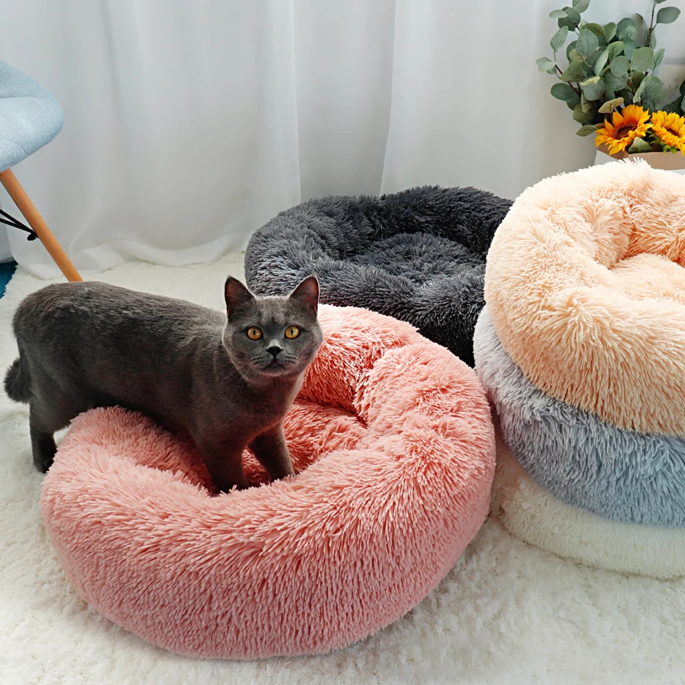 Длинная плюшевая кровать для кошек мягкая круглая зимние подстилки маленьких