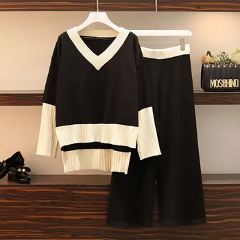 Korean Edition Autumn Winter New Pattern Women Fashion Color Collision V Collar Pullover+Knitting Wide leg Pants 2Piece Suit 
Korean Edition Autumn Winter New Pattern Women Fashion Color Collision V Collar Pullover+Knitting Wide leg Pants 2Piece Suit