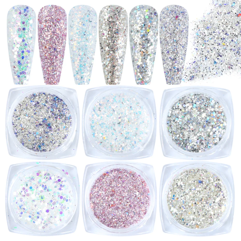 6Box Colorful Nail Glitter Powder Platinum Iridescent Sparkle Sequins Chrome Pigment Manicure Decor Summer Design LA1539-24 | Красота и