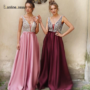 Elegant Long Prom Dress Hand Beaded Satin A-Line Prom Dresses V-Neck Backless Formal Party Gown Vestido-de-festa-longo
Elegant Long Prom Dress Hand Beaded Satin A-Line Prom Dresses V-Neck Backless Formal Party Gown Vestido-de-festa-longo