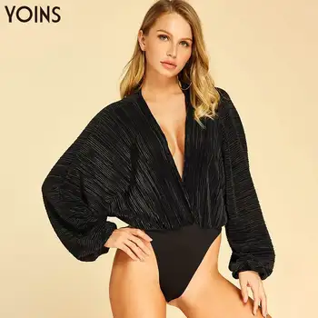 

YOINS Stylish Pleated Deep V Neck Lantern Sleeve Bodysuit 2020 Spring Autumn Women Vintage Playsuits Loose Casual Ladies Tops