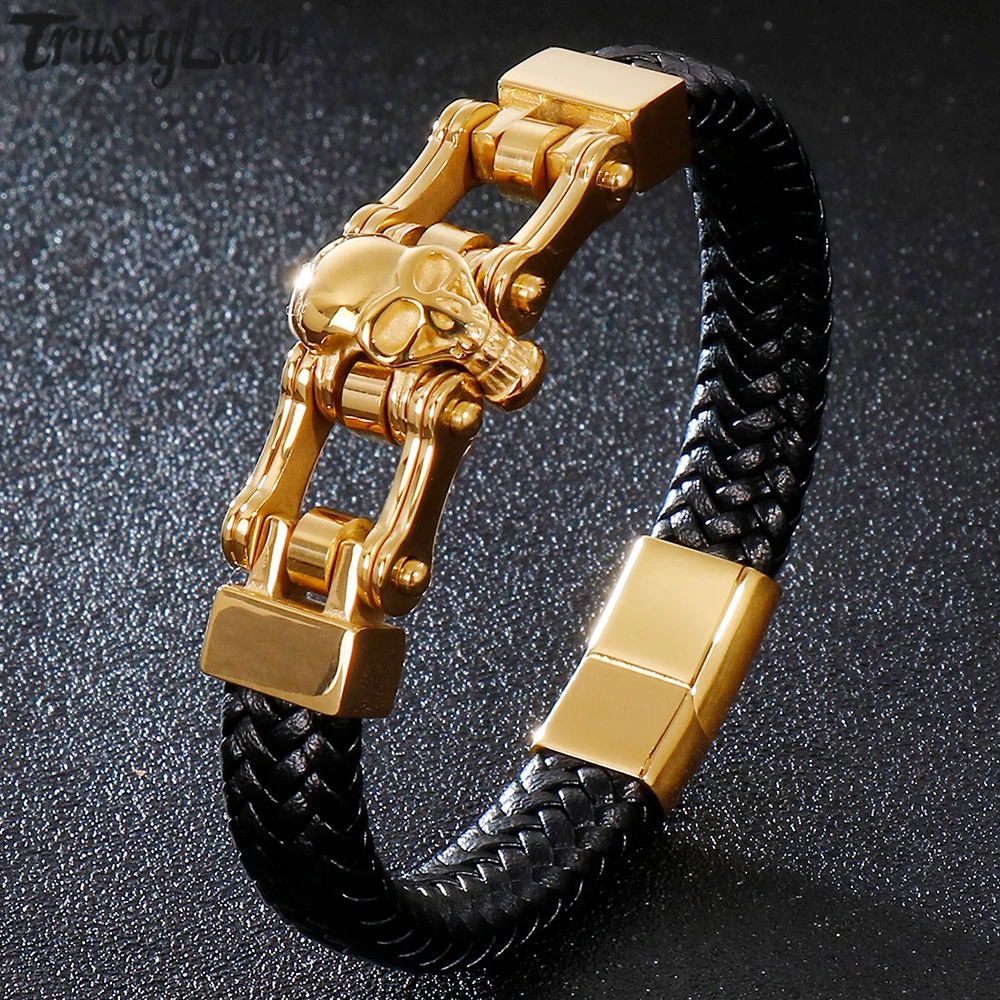 Punk Rocker Skull Head Leather Bracelet Men Bicycle Motorcycle Chain Men's Wrap Bracelets Gold Stainless Steel Massive Jewelry
Punk Rocker Skull Head Leather Bracelet Men Bicycle Motorcycle Chain Men's Wrap Bracelets Gold Stainless Steel Massive Jewelry