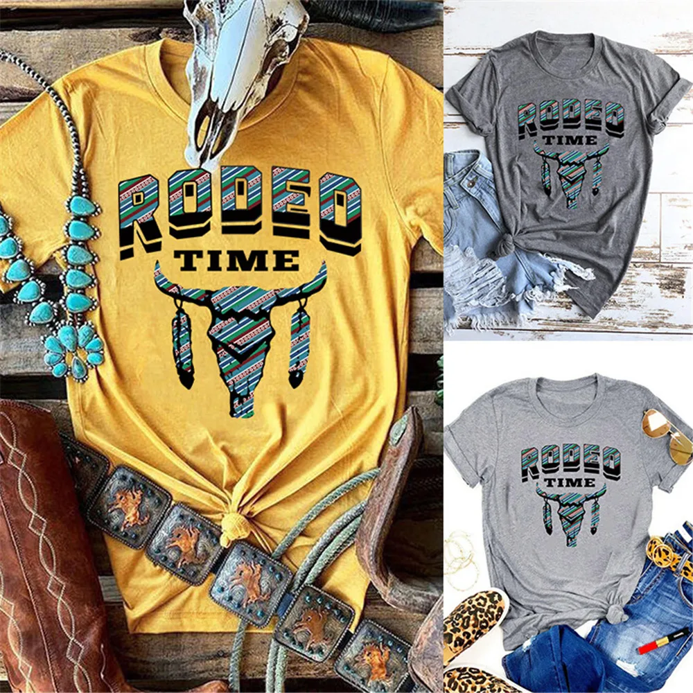 RODEO TIME Bull Head Print Harajuku T shirt Women Short Sleeve Vintage Tshirts Cute Graphic Summer Tops Female Vogue T-Shirt