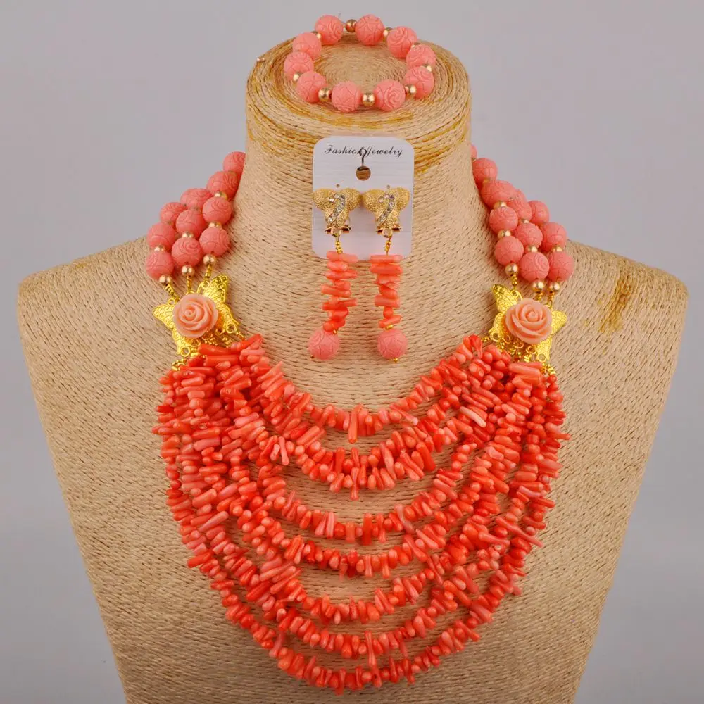 Фото Комплект ювелирных изделий из розовых коралловых бусин женское ожерелье