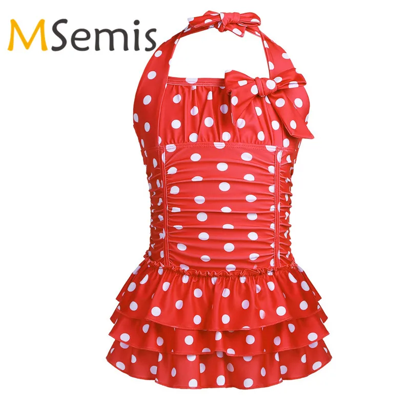 

Kids Girls Swimsuits One Piece Swimwear Beachwear Halter Polka Dots Ruched Leotard Swimming Bodysuit Tiered Surfing Bathing Suit