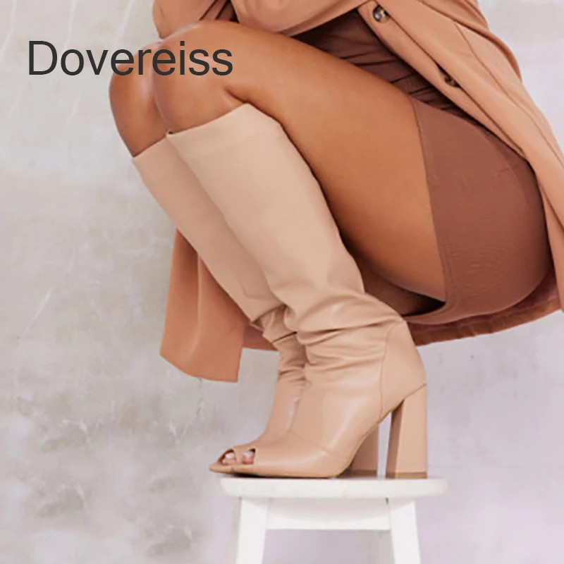 

Dovereiss Fashion Women's Shoes Winter New Sexy Consice Nude Peep Toe Zipper Chunky Heels Knee High Boots 41 42 43