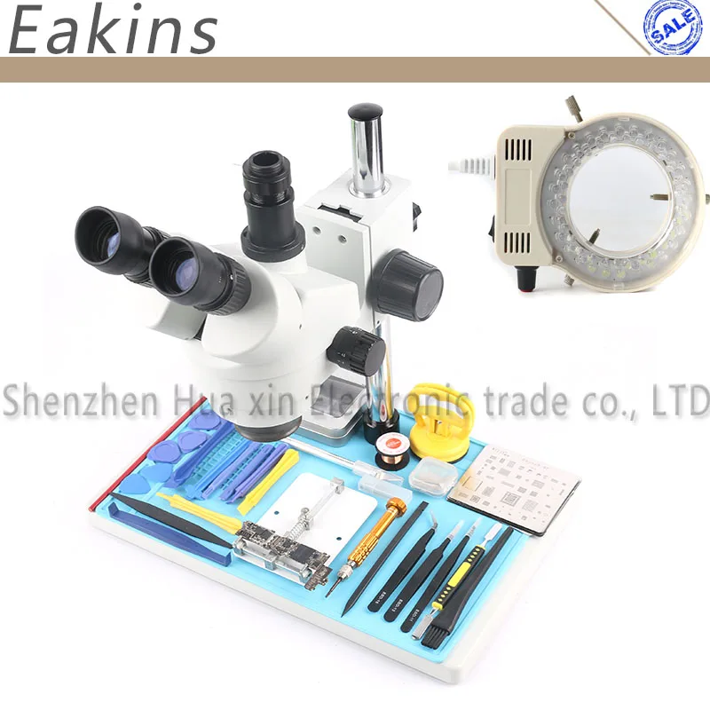 7-45X Trinoculaire Stereo Microscope+56 LED Light+Universal bracket+Insulation Pad+Phone Repair Tool Kit for Phone PCB Rework
7-45X Trinoculaire Stereo Microscope+56 LED Light+Universal bracket+Insulation Pad+Phone Repair Tool Kit for Phone PCB Rework