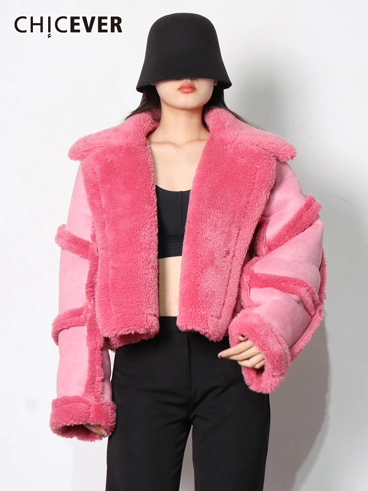 Фото CHICEVER цветная куртка с отворотом из овечьей шерсти для женщин длинным | Женские куртки (1005003561046528)