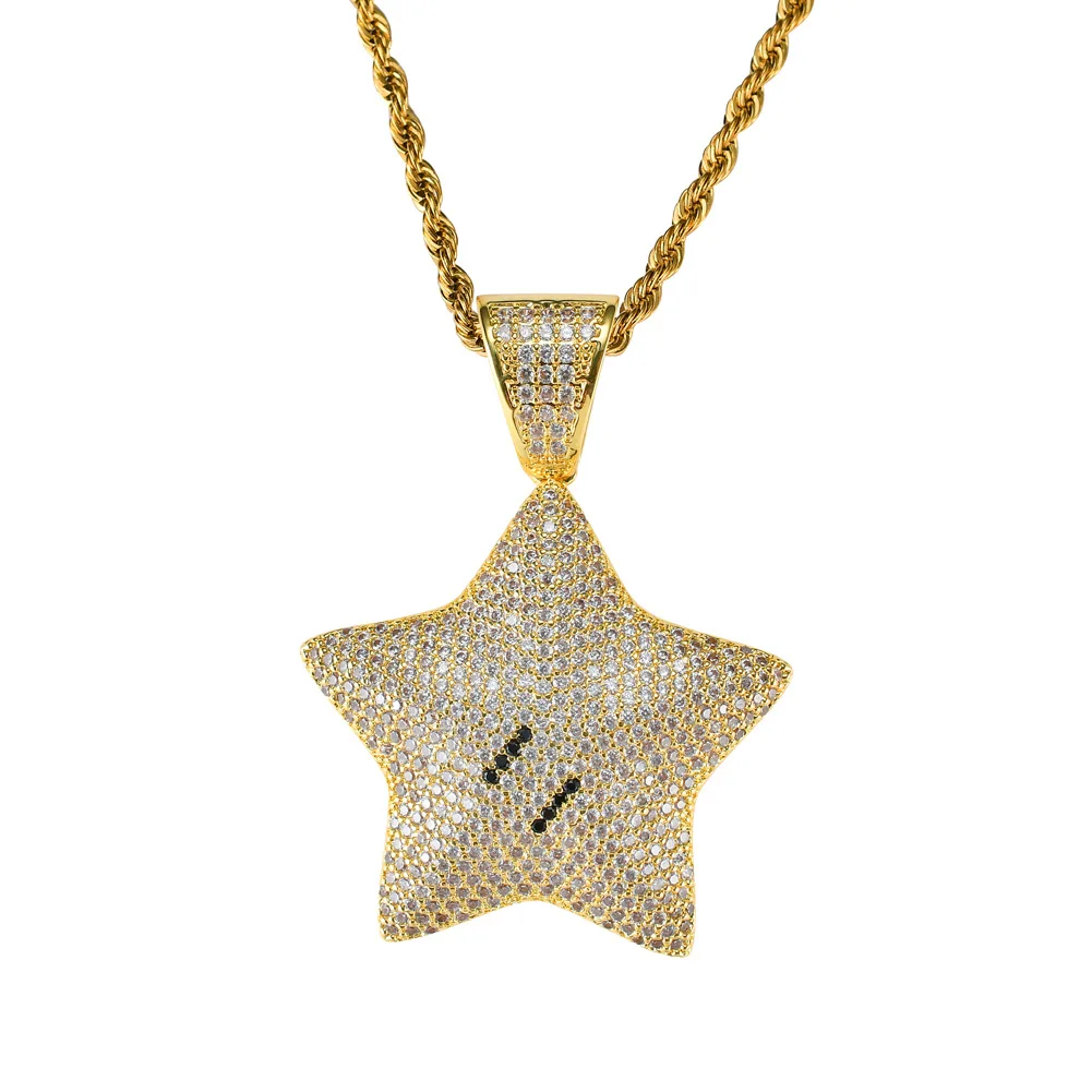 

Hip Hop Jewelry 18k Gold Plated Zirconia Simulated Diamond Iced Out Chain Cartoon Pentagram Pendant Necklace for Men Charm Gifts