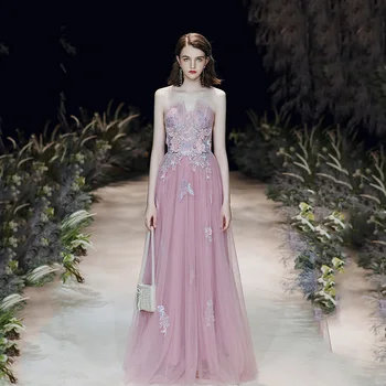 Pink Mesh Gown For Young Lady Evening Party Gown Embroidery Qipao Strapless Cheongsam Full Length Prom Dress Wedding Dress 
Pink Mesh Gown For Young Lady Evening Party Gown Embroidery Qipao Strapless Cheongsam Full Length Prom Dress Wedding Dress