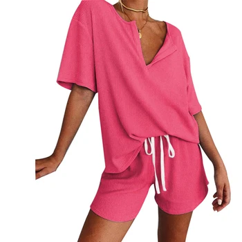 2 Pcs Women Solid Color Outfits, Short Sleeve V-neck T-shirt Drawstring Shorts Casual Style Clothes Set 
2 Pcs Women Solid Color Outfits, Short Sleeve V-neck T-shirt Drawstring Shorts Casual Style Clothes Set