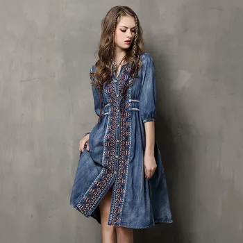 2020 Spring and Autumn New Women's Large Size Denim Skirt National Style Embroidered Drawstring Half-Sleeve Shirt Dress Female
2020 Spring and Autumn New Women's Large Size Denim Skirt National Style Embroidered Drawstring Half-Sleeve Shirt Dress Female