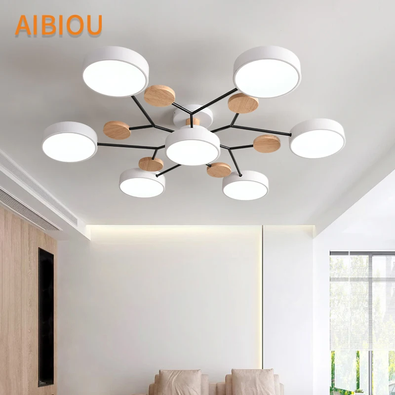 

AIBIOU Modern 220V LED Ceiling Lights With Round Metal Lampshades For Living Room Nordic Wooden Bedroom Surface Mounted Lustres