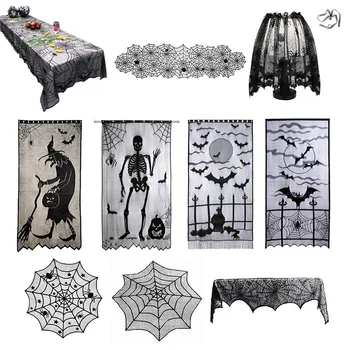 

Halloween Decoration Black Lace Spider Web Tablecloth Witch Skeleton Crawling Ghost Bat Door Curtain Round Rectangle Table Cover