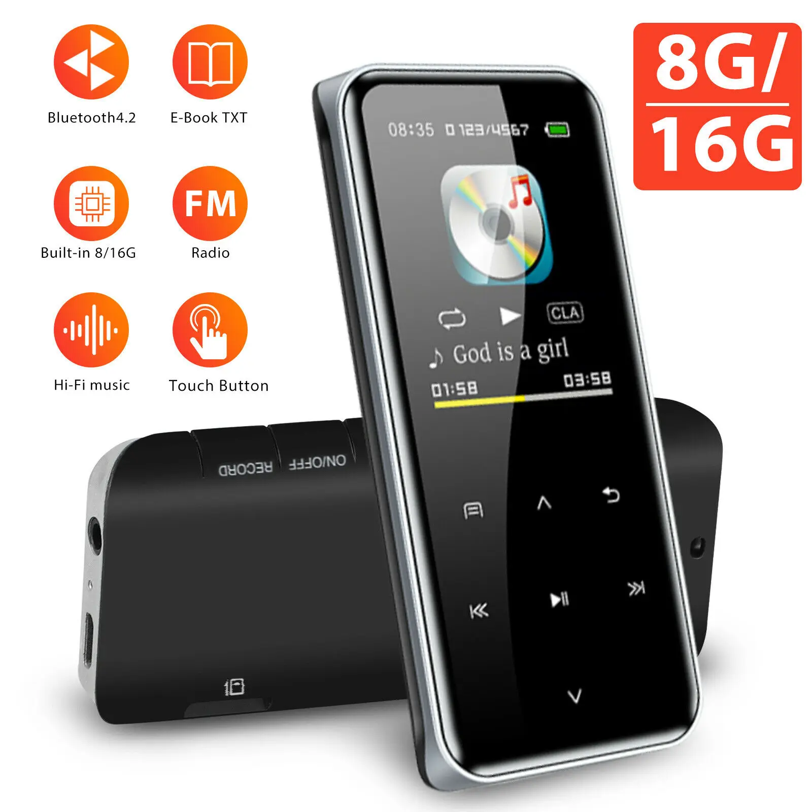 

Portable Bluetooth 4.2 MP3 Player Touch Screen MP3 HIFI Music Player Lossless Sound Support FM Radio Voice Recorder Text Reading