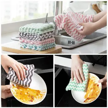 Kitchen Dishclout Cloth Non-oil Wash Towel Wave Stripe Wiping Coral And Nonstick Rag Dry Kitchen Cleaning Wet Velvet Tools O4P2