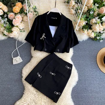 Women 2pcs Set Vintage Beading Bow Turn-down Collar Short Sleeve Loose Tops + High Waist Bodycon Skirt Black Sets Female 2020 
Women 2pcs Set Vintage Beading Bow Turn-down Collar Short Sleeve Loose Tops + High Waist Bodycon Skirt Black Sets Female 2020