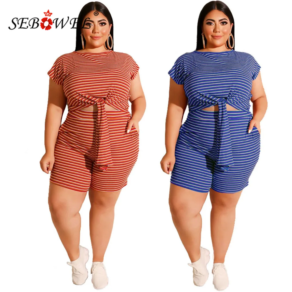 SEBOWEL Plus Size Woman Summer Striped T-shirt + Shorts Pants Sets 2020 Female Tie Up Tops Pants Fashion Two Pieces Casual Suits
SEBOWEL Plus Size Woman Summer Striped T-shirt + Shorts Pants Sets 2020 Female Tie Up Tops Pants Fashion Two Pieces Casual Suits