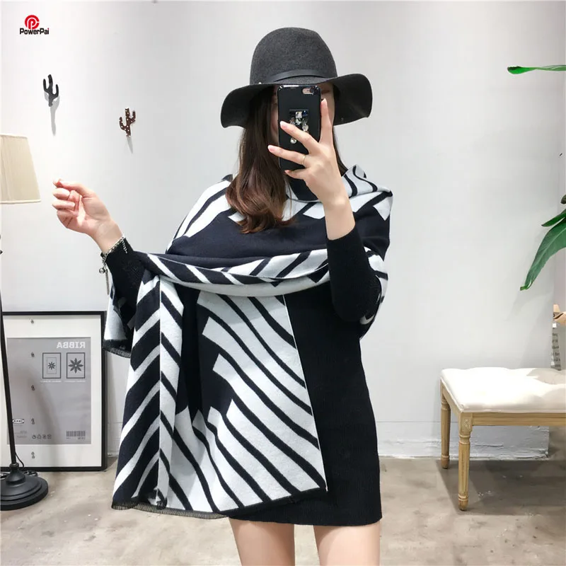 

Fashion Classic Black White Stripes Cashmere Scarf Shawl Women Warm Long Neckerchief Pashmina Autumn Winter Cape 350g