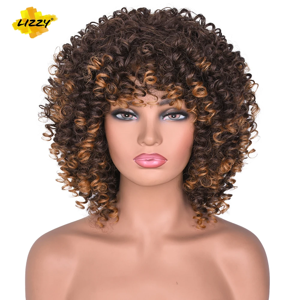 

Парик с кудрявыми афро-волосами длиной 14 дюймов с челкой, синтетические Короткие Косплей-парики для чернокожих женщин, натуральный термостойкий черный парик Lizzy Hiar