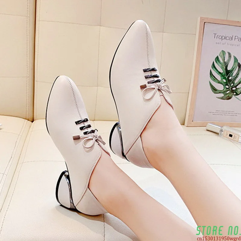 

Microfiber Leather Shoes Woman Mid Heels Women Casual Shoe Korea Style Block Heel Slip on Footware for Office Lady Beige BLACK