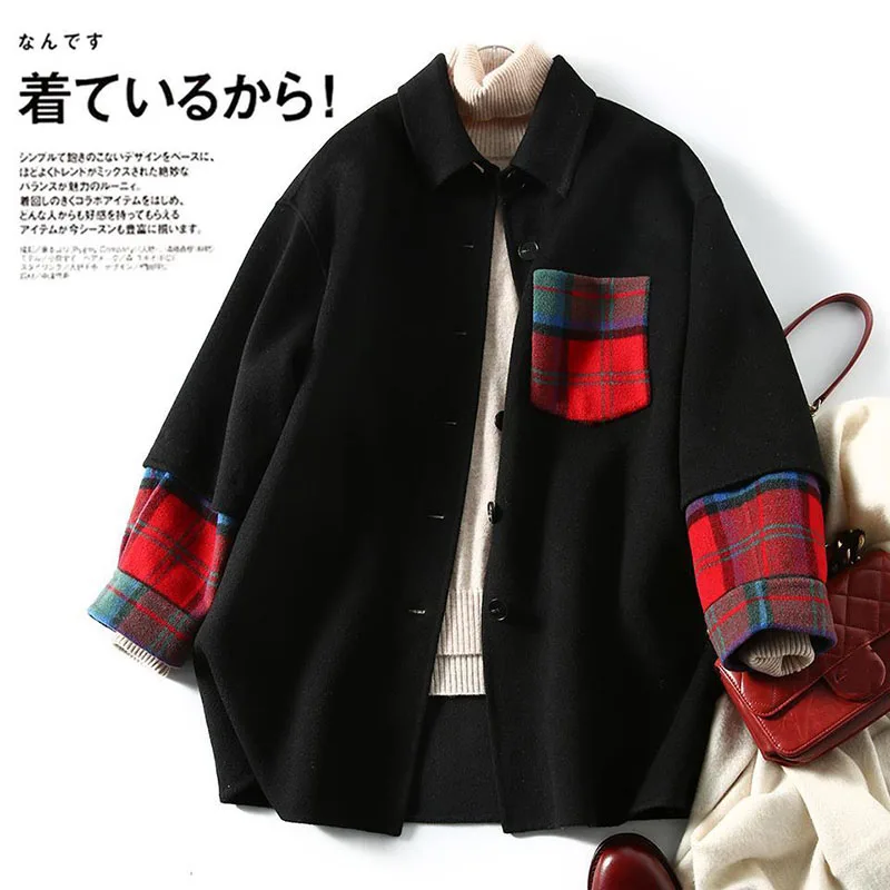 

2022 New Woolen Jacket Fashion Coat Female Stitching Single-Breasted Windbreaker Outerwear 4XL Pocket Jackets Casaco Feminino