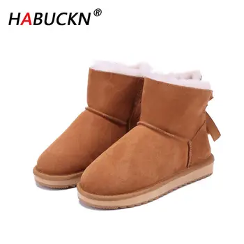 

HABUCKN Real Cowhide Leather Wool Lined Women Short Ankle Winter Suede Snow Boots with Bowknots Mink Fur Tassels Warm Shoes Dusk