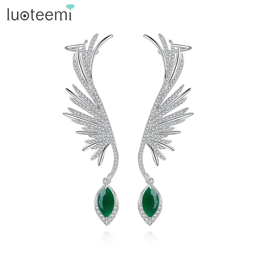 

LUOTEEMI New Fashion Feather Drop Earrings for Women Wedding Engagement Bridal Jewelry Green Stone Pendientes Christmas Gifts