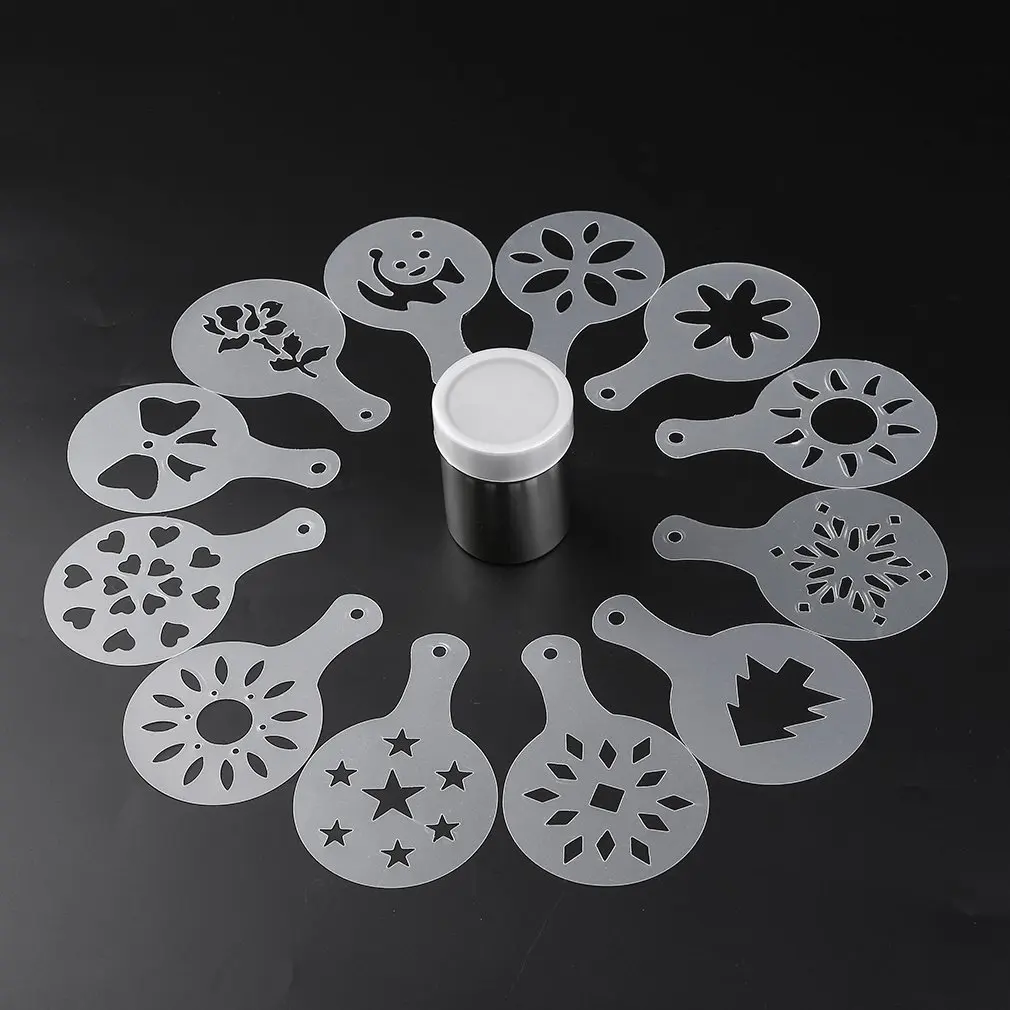 Stainless Steel Chocolate Shaker Cocoa Flour Coffee Sifter with12Pcs Coffee Stencils Template Strew Pad Duster Spray
Stainless Steel Chocolate Shaker Cocoa Flour Coffee Sifter with12Pcs Coffee Stencils Template Strew Pad Duster Spray