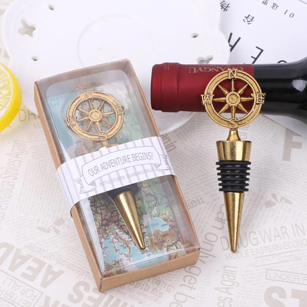 

Free Shipping 12pcs/lot "let's adventure begin" Compass bottle Stopper wedding favors