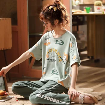 Pajamas Women's Spring And Autumn Pure Cotton Two-Piece Set Spring And Summer Loose Short Sleeve Trousers Home Wear
Pajamas Women's Spring And Autumn Pure Cotton Two-Piece Set Spring And Summer Loose Short Sleeve Trousers Home Wear