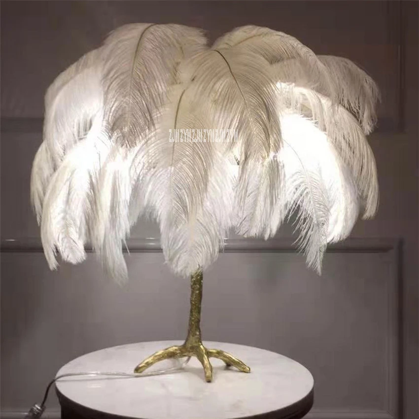 

MS1681 Romantic Living Room Multiple Color Ostrich Feather Table Lamp Bedroom Led Light Copper Feather Desk Reading Lamp