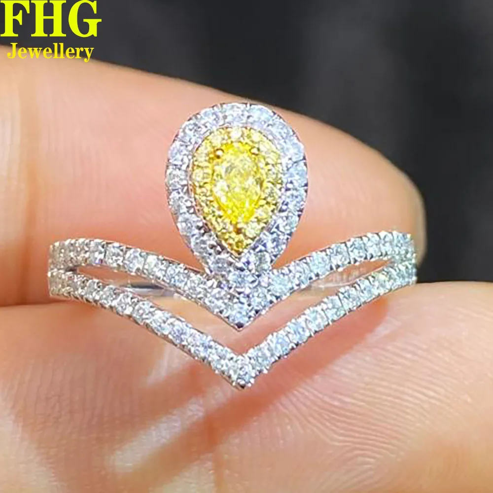 

18K Au750 White Gold Ring Nature Yellow Diamond pear shape 0.2Carat Round 0.4Carat Wedding Party Engagement Anniversary Ring