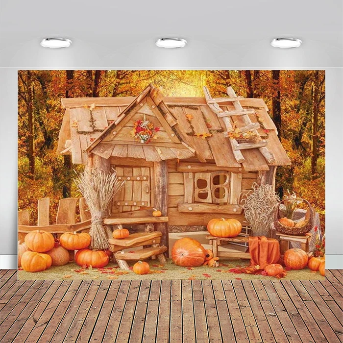 

Fall Pumpkin House Backdrop Autumn Forest Thanksgiving Harvest Maple Leaves Photography Background Party Banner Decoration