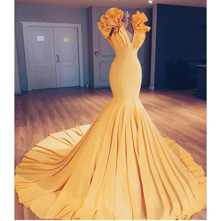 2020 Saudi Arabic Yellow Mermaid Prom Dresses Special Designed Long Prom Gowns Ruffles On Shoulder Abiye Elastic Party Dresses
2020 Saudi Arabic Yellow Mermaid Prom Dresses Special Designed Long Prom Gowns Ruffles On Shoulder Abiye Elastic Party Dresses