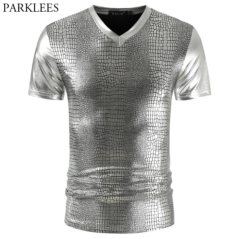 Silver Metallic Snake Pattern T Shirt Men 2020 Sexy New Disco Party Glitter Tshirts Tee Homme Stage Prom Camisetas 3XL | Мужская одежда