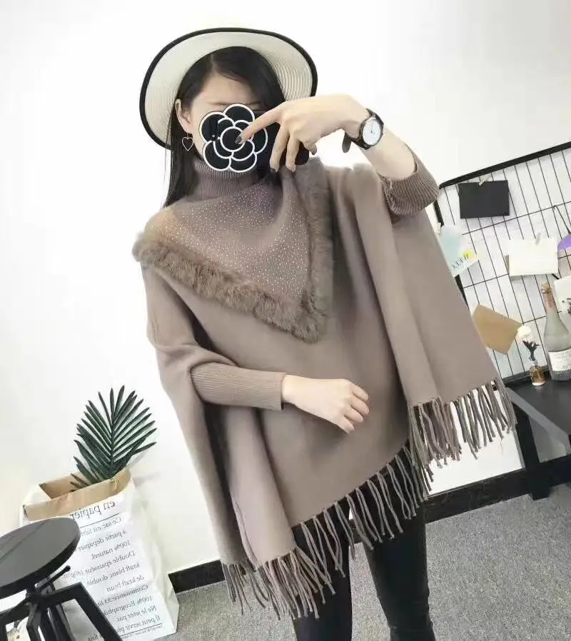

V Style Fur Beading Diamond Sweater Tassel Loose Knitwear Long Batwing Sleeve Streetwear Poncho High Neck Thick Knits Pullover