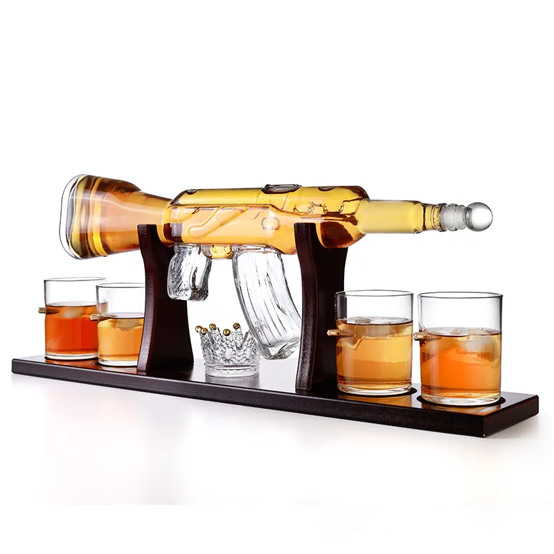 Gun Whiskey Decanter Glass Set with 4 Bullet Glasses & Mohogany Wooden Base Exclusive Rifle Liquor Container Whisky Carafe
Gun Whiskey Decanter Glass Set with 4 Bullet Glasses & Mohogany Wooden Base Exclusive Rifle Liquor Container Whisky Carafe